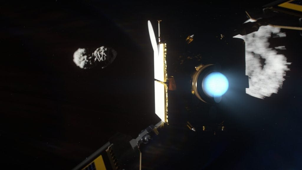 Representação artística da missão DART, da NASA, em rota de colisão com um sistema duplo de asteroides