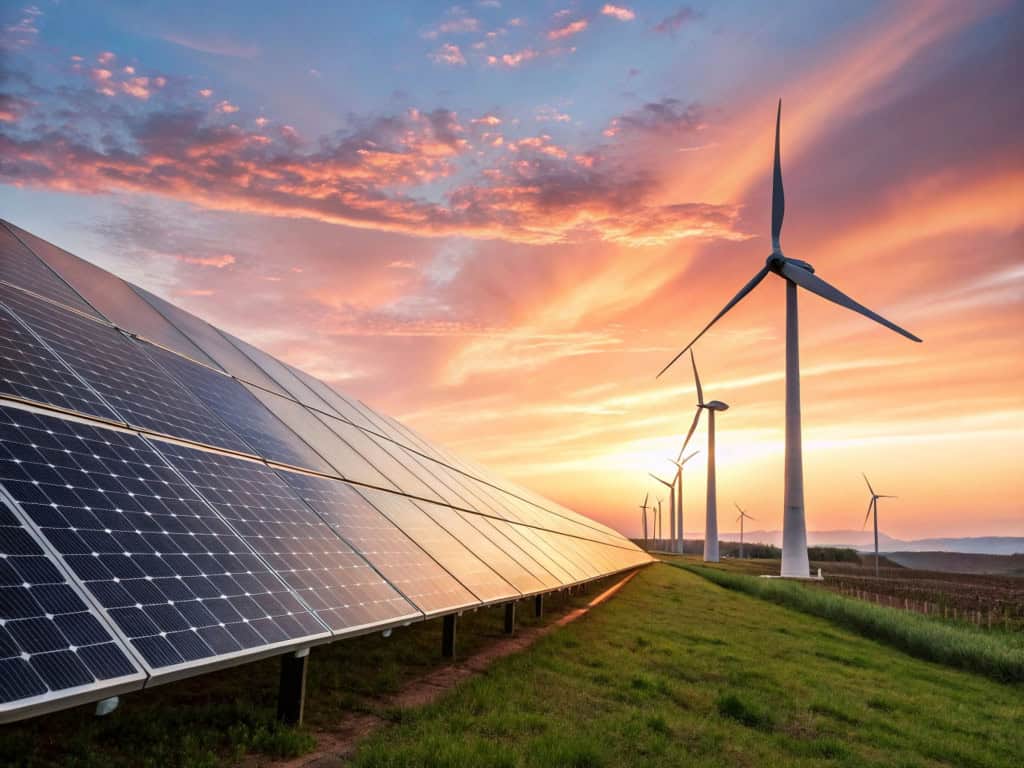 Painéis solares e turbinas eólicas sob um pôr do sol alaranjado, simbolizando a transição energética e o uso crescente de fontes renováveis no mundo