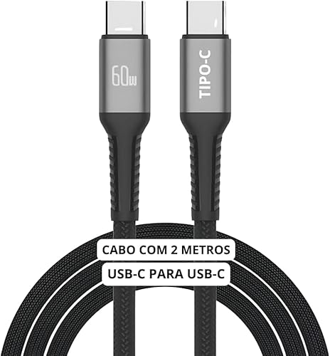 Cabo USB-C para USB-C 2 Metros 60W Turbo — Nylon Trançado Reforçado, Preto/Branco, Compatível com iPhone 15/16, Samsung e MacBook