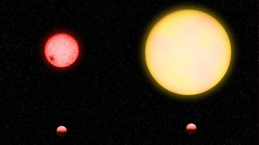 Ilustração de exoplaneta gigante TOI-5205 b perto de estrela anã vermelha em comparação com outro exoplaneta do mesmo tamanho perto de estrela bem maior