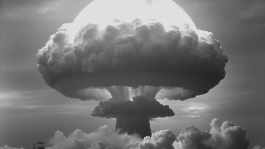 Foto de explosão de bomba nuclear; explosão e fumaça projetam forma de cogumelo no horizonte
