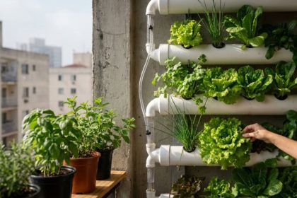 Horta vertical em calha de PVC produz alface, coentro e cebolinha o ano todo em 1 m² de parede e o investimento se paga em 40 dias Horta vertical em calha de PVC produz alface, coentro e cebolinha o ano todo em 1 m² de parede e o investimento se paga em 40 dias
