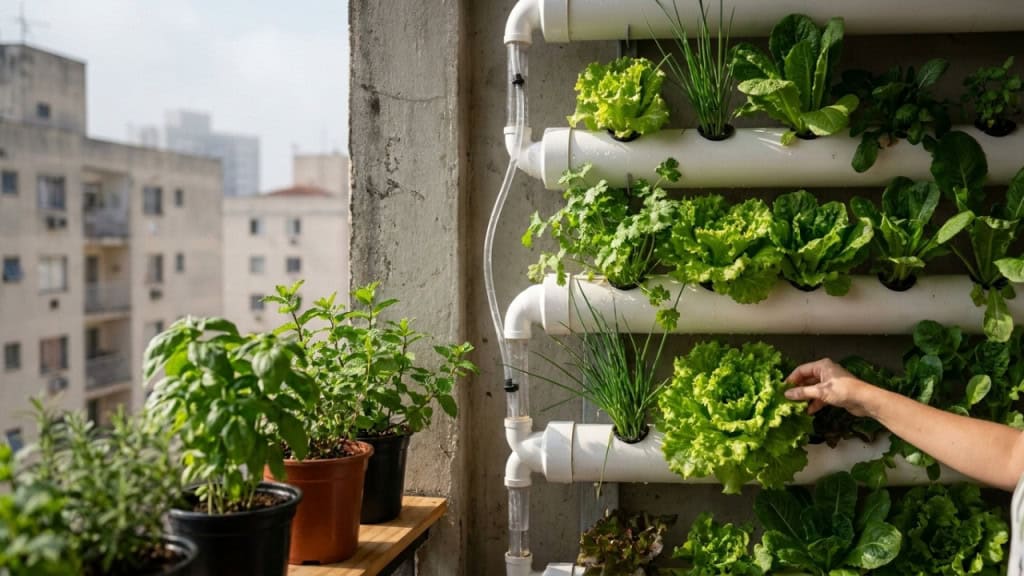 Horta vertical em calha de PVC produz alface, coentro e cebolinha o ano todo em 1 m² de parede e o investimento se paga em 40 dias Horta vertical em calha de PVC produz alface, coentro e cebolinha o ano todo em 1 m² de parede e o investimento se paga em 40 dias