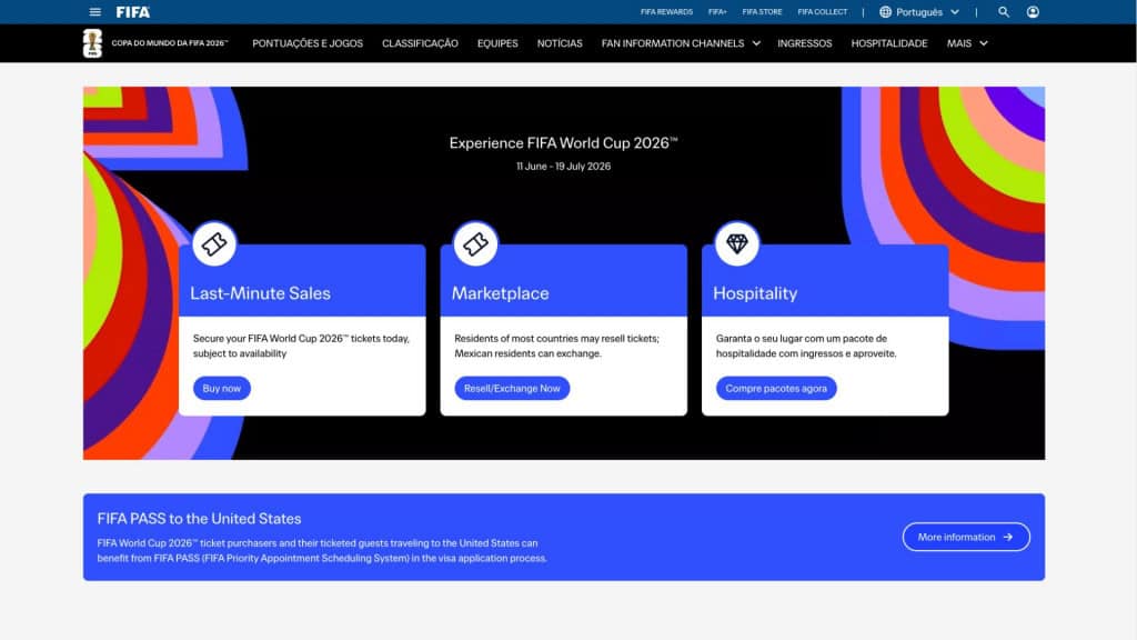 Captura de site oficial da FIFA onde dá para comprar coisas da Copa do Mundo 2026