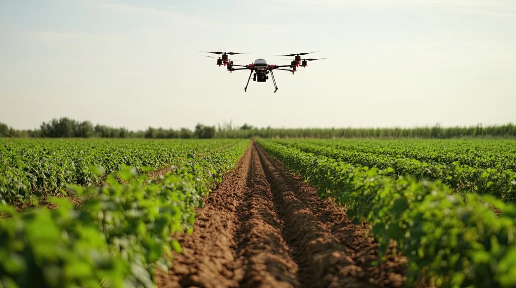 Drone sobrevoa plantação agrícola em operação de monitoramento de lavoura