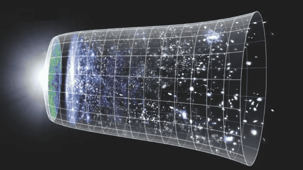 Ilustração da evolução do universo desde o Big Bang (à esquerda) até os dias atuais (à direita)