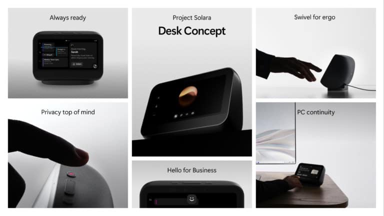 Conceito Desk do Project Solara, dispositivo de mesa da Microsoft com tela touchscreen, autenticação facial e controles de privacidade para interação com agentes de IA