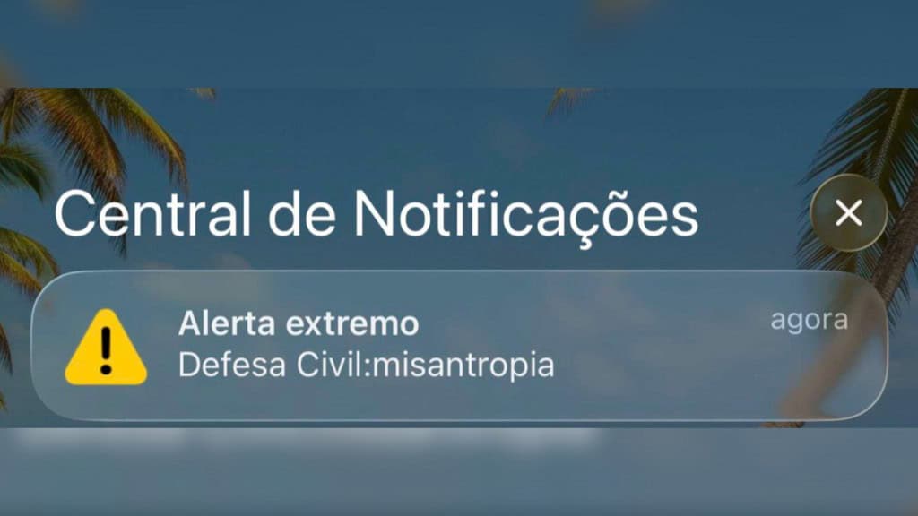 Captura de tela de alerta falso enviado pela Defesa Civil; notificação traz "misantropia" no texto