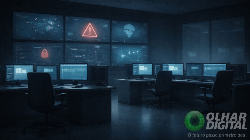 Telas exibindo símbolos de atenção e ataque hacker em central com computadores ligados porém vazia