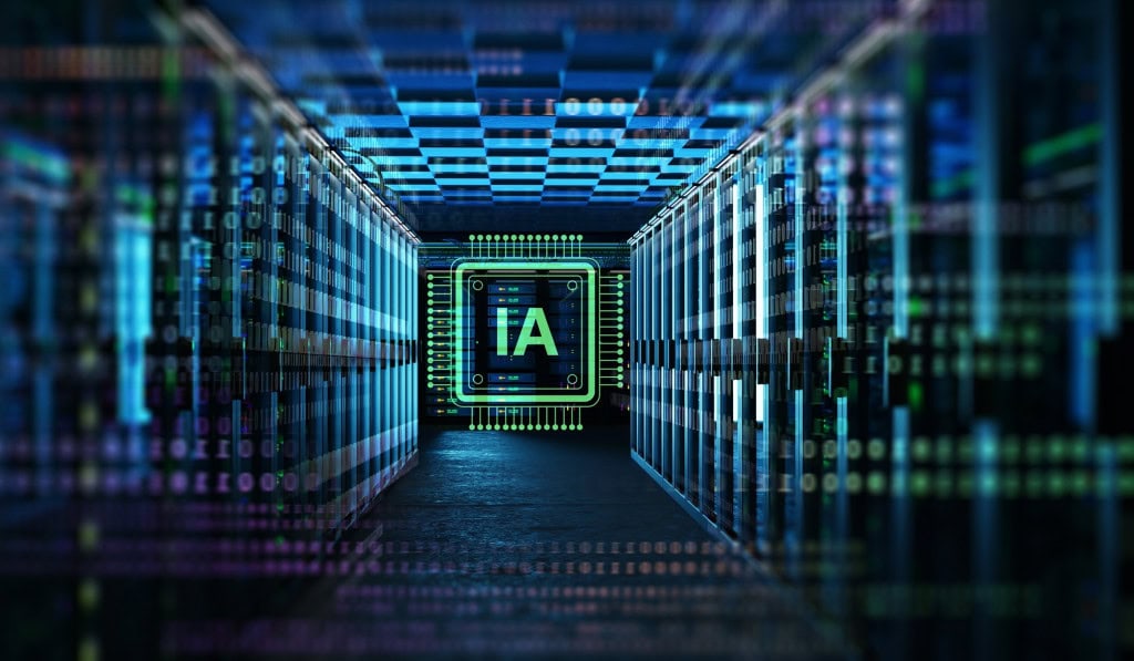 Data center com servidores e representação gráfica de inteligência artificial