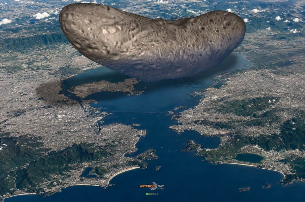Tamanho do asteroide Eros comparado à Baía de Guanabara, no Rio de Janeiro.