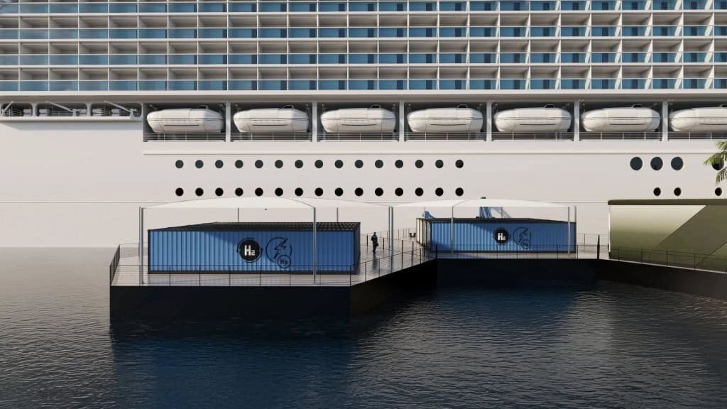 Navio atracado em plataforma de reabastecimento baseada em hidrogênio.