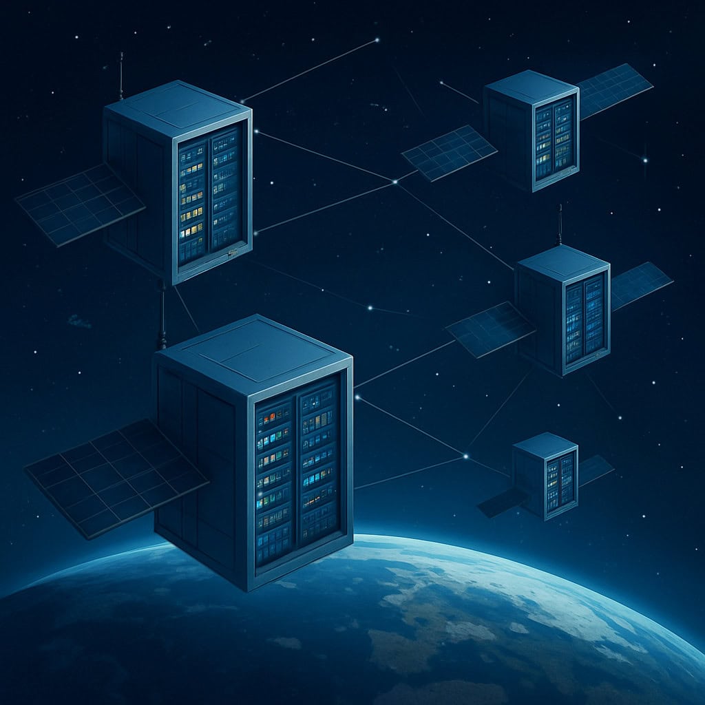Representação artística de satélites misturados com data centers
