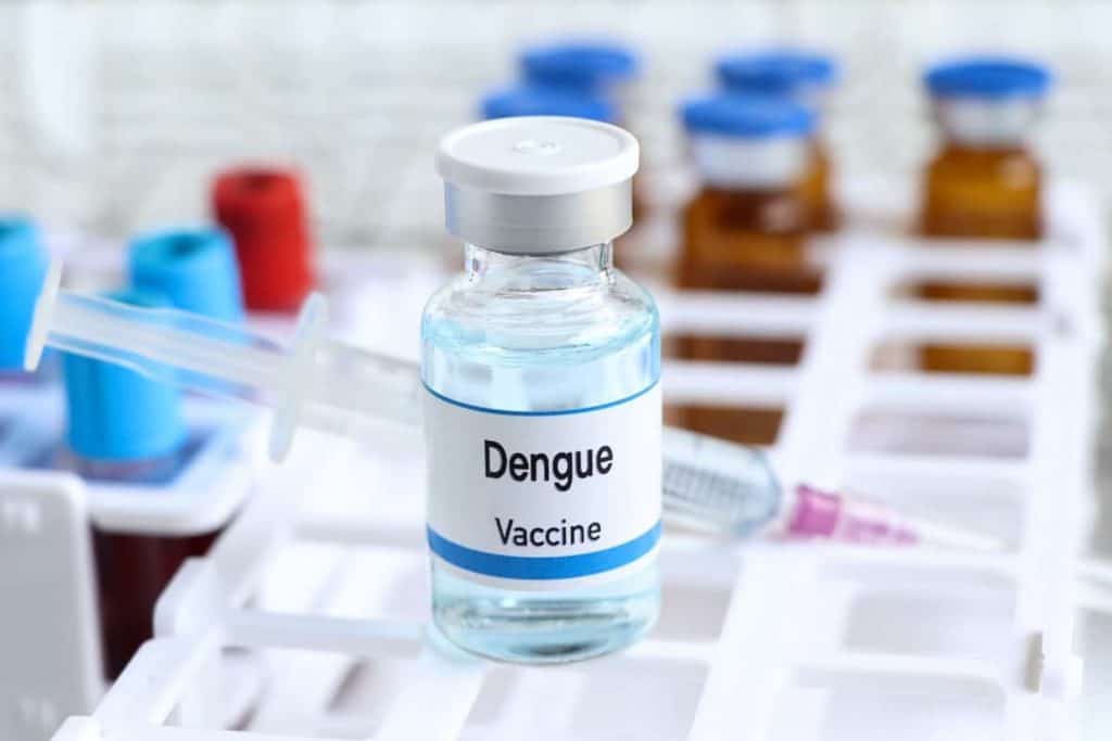 Frasco com os dizeres "Dengue Vaccine"
