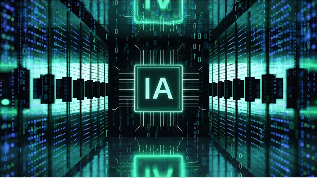 Data center com chip grande de inteligência artificial (IA) na parede, no final de um corredor