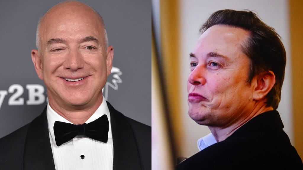 Montagem com fotos de Jeff Bezos e de Elon Musk