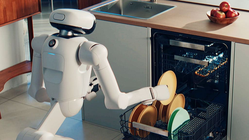 Robô humanoide CLOiD, da LG, colocando pratos numa lavadora de louças