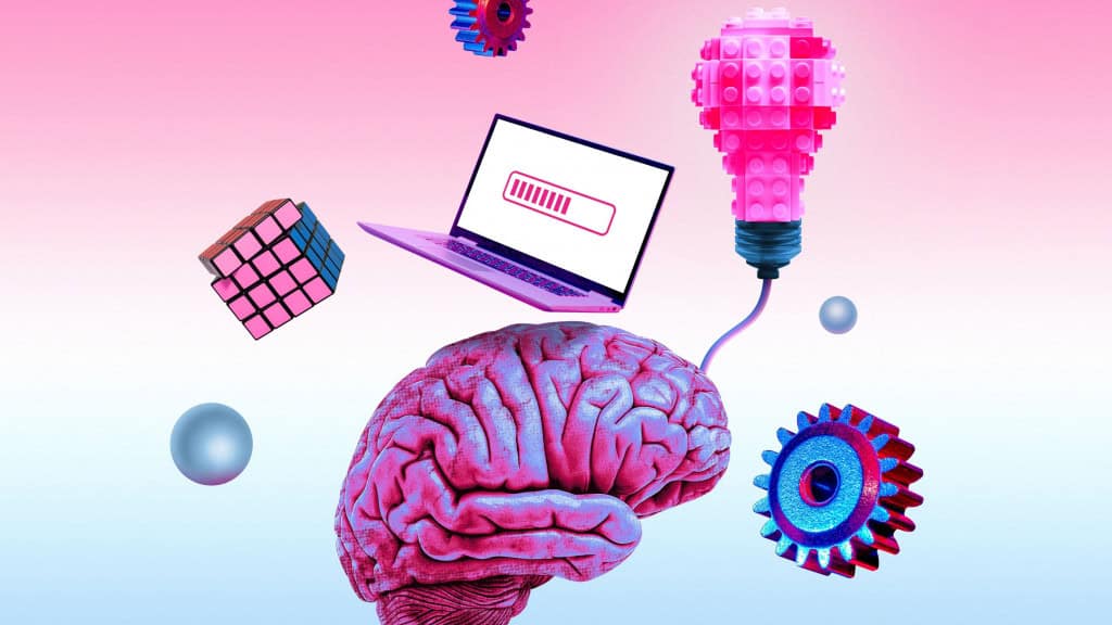 Ilustração de cérebro humano com coisas em volta que remetem a tecnologia, inteligência artificial (IA) e ideias