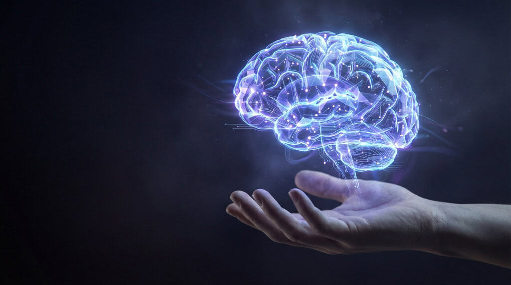 Cérebro digitalizado em tons de azul sobre uma mão humana, representando a relação entre inteligência artificial e inteligência humana.