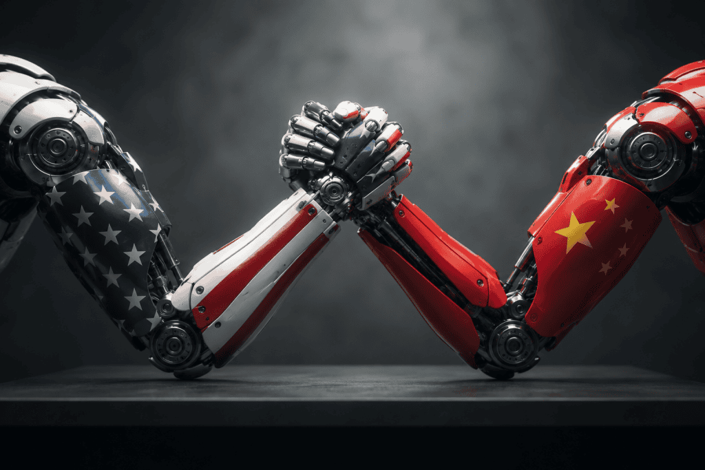 queda de braço entre robô humanoide americano e chinês