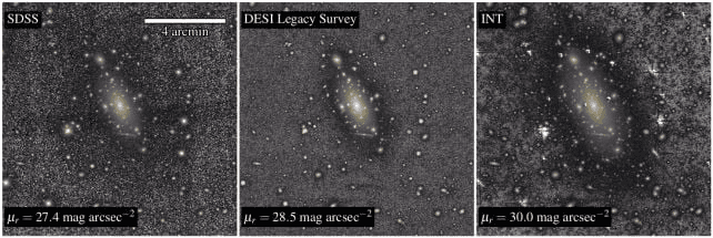 Estruturas externas sugerem que a IC 1101 ainda incorpora material de galáxias menores. (Imagem: C. Marrero de la Rosa et al.; data: Isaac Newton Telescope (INT/ING))