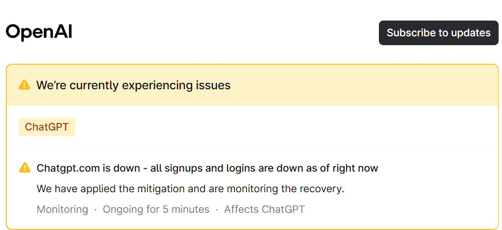 Página oficial de status da OpenAI