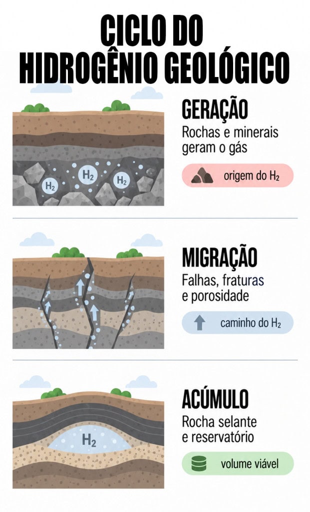O ciclo do hidrogênio geológico envolve três etapas: geração do gás por rochas, migração por falhas e fraturas e acúmulo em reservatórios subterrâneos.