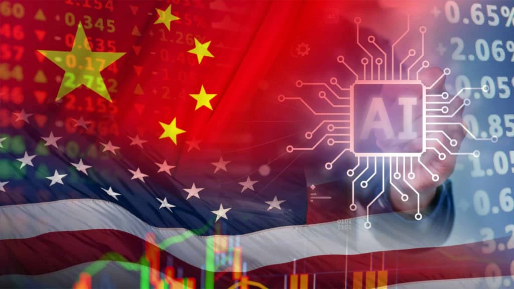 Ilustração sobre a corrida entre China e Estados Unidos no setor da inteligência artificial (IA)