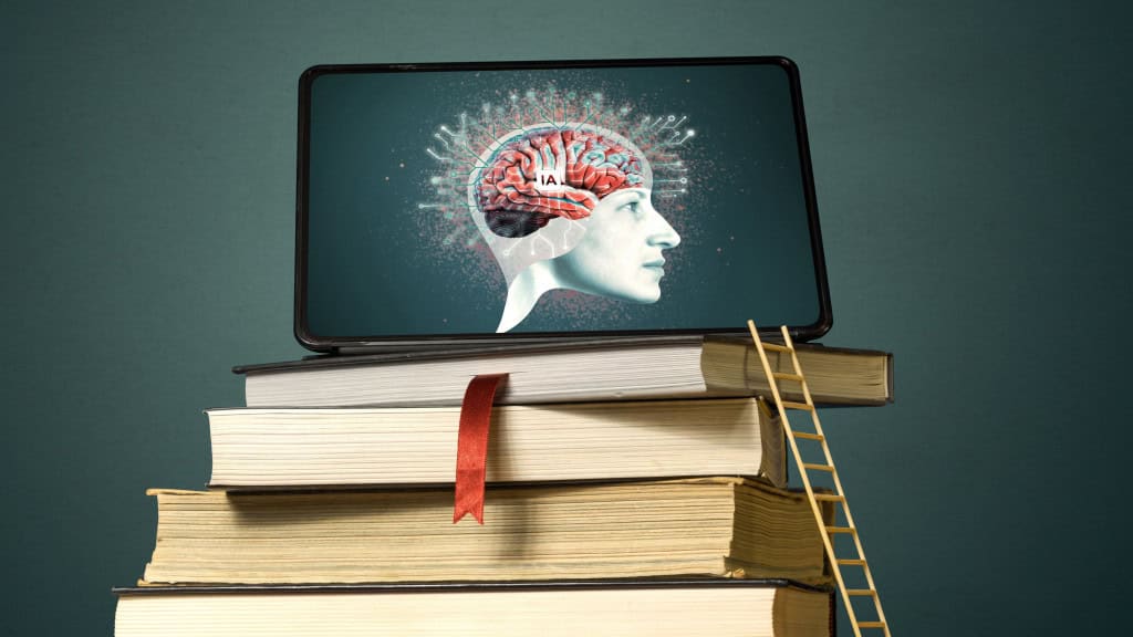 Ilustração de tablet com inteligência artificial (IA) em cima de pilha de livros