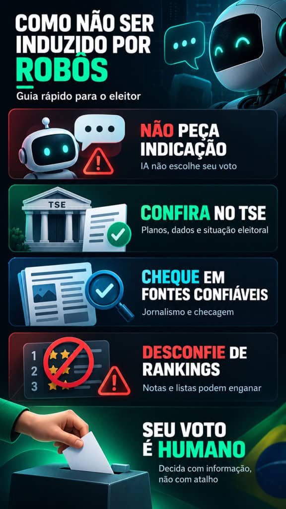 Chatbots podem ajudar a explicar propostas, mas não devem escolher por você: confira informações oficiais, compare fontes e evite rankings ou recomendações eleitorais.