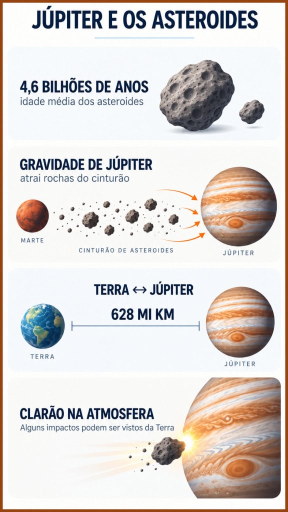 Infográfico reúne dados que ajudam a entender por que Júpiter atrai asteroides e como impactos podem ser observados da Terra.