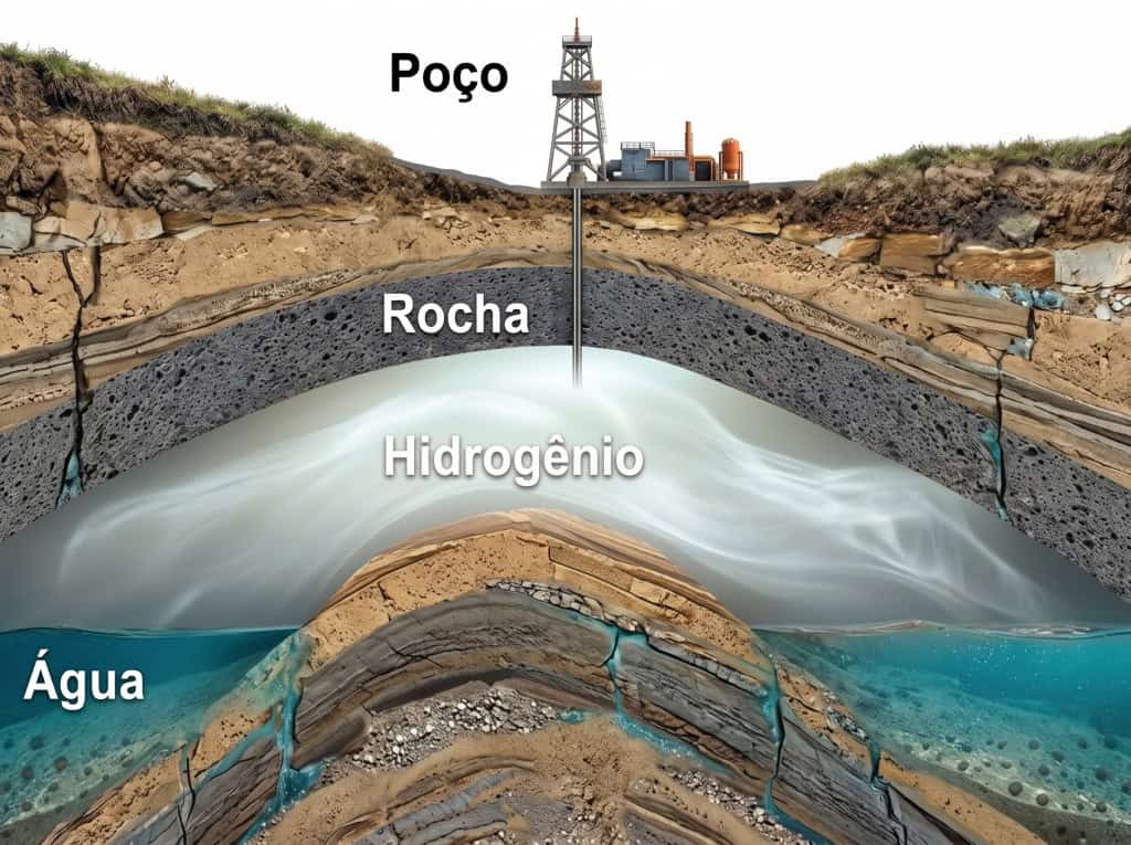 Ilustração esquemática mostra um poço perfurando camadas rochosas até um reservatório subterrâneo de hidrogênio natural, acima de aquífero, exemplificando formação e acúmulo geológico no Brasil.
