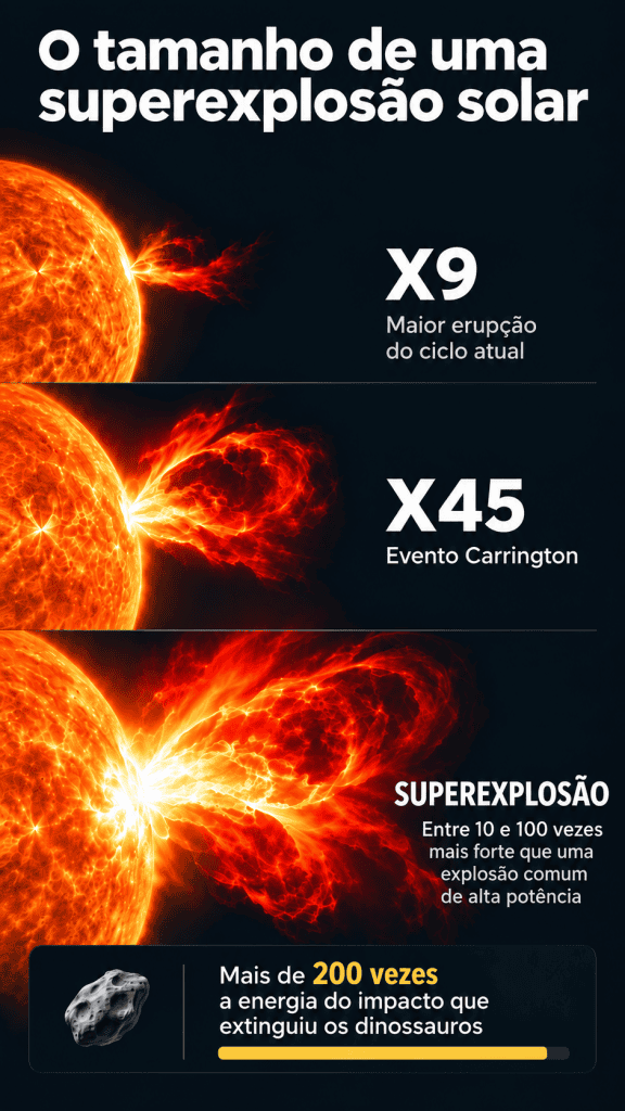 Superexplosões solares podem ser até 100 vezes mais intensas que grandes erupções e liberar energia colossal no espaço.