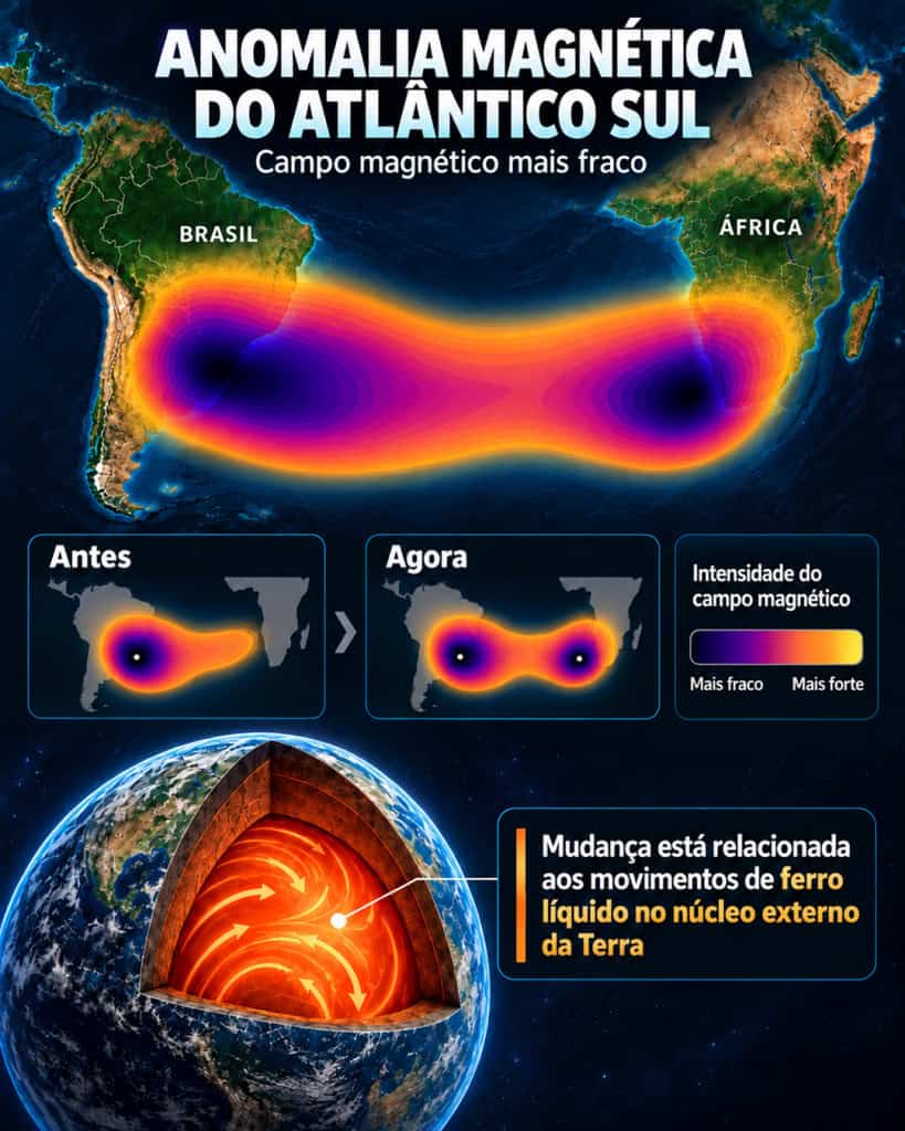 A Anomalia Magnética do Atlântico Sul apresenta dois núcleos enfraquecidos, reflexo de mudanças profundas no interior da Terra.