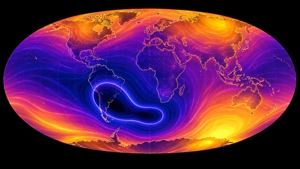 Existe uma região onde a intensidade do campo magnético da Terra é menor. Ela fica sobre o sul do continente africano e da América do Sul e é chamda de Anomalia Magnética do Atlântico Sul (SAMA).
