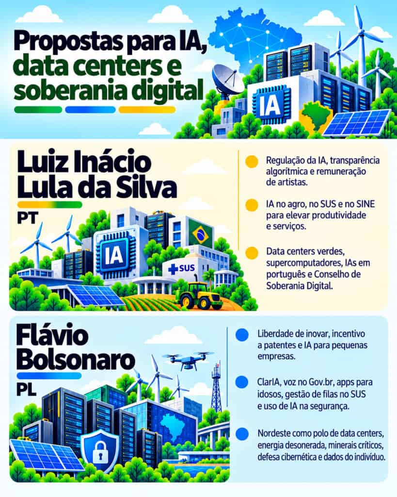 Lula e Flávio Bolsonaro apresentam propostas distintas para inteligência artificial, data centers e soberania digital nas eleições de 2026.