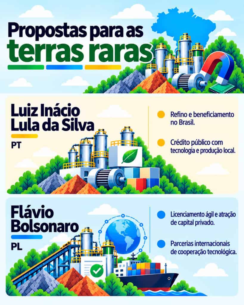 Infográfico resume as propostas dos candidatos à Presidência para o desenvolvimento da cadeia de terras raras no Brasil.