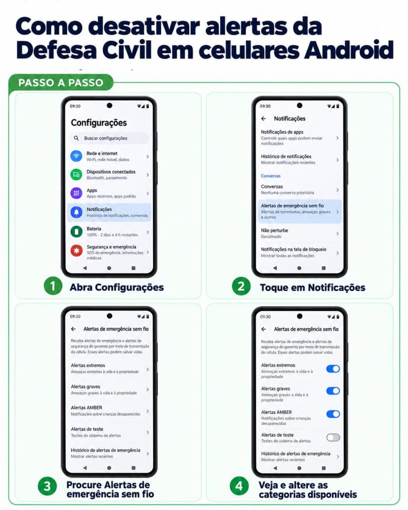Passo a passo para desativar os alertas da Defesa Civil possíveis de serem bloqueados no Android.