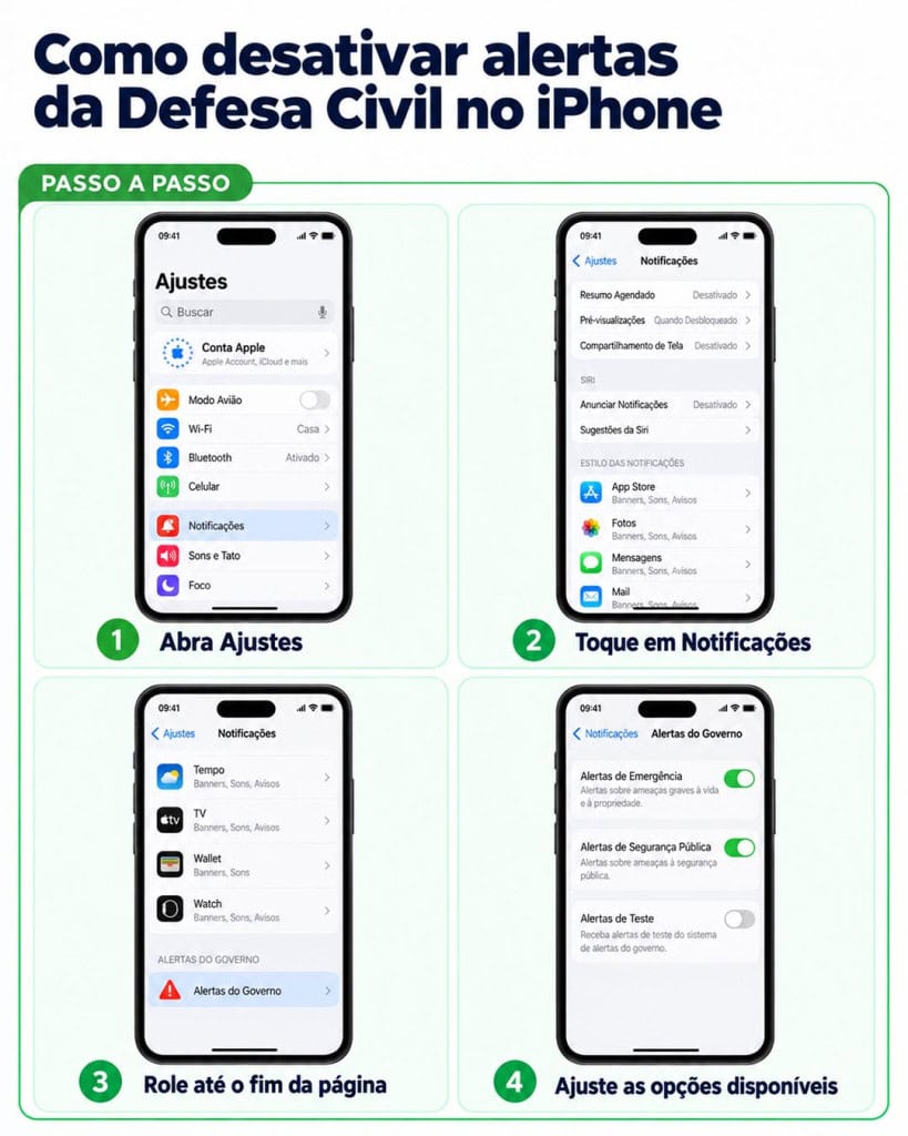 Passo a passo para desativar os alertas da Defesa Civil possíveis de serem bloqueados no iPhone.